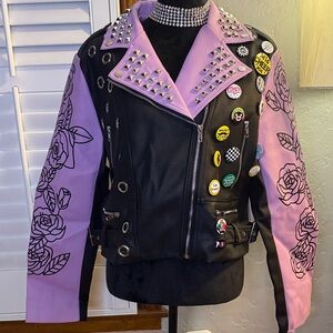 Studded Black and Pink Biker Jacket with Patches